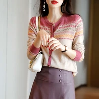 new retro and versatile national style loose long sleeve round neck knitted cardigan