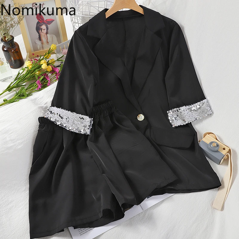 Nomikuma/корейские костюмы повседневные блейзеры с блестками шорты высокой талией
