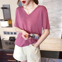 ice silk large size short sleeve t shirt base coat loose v neck knitted top for women