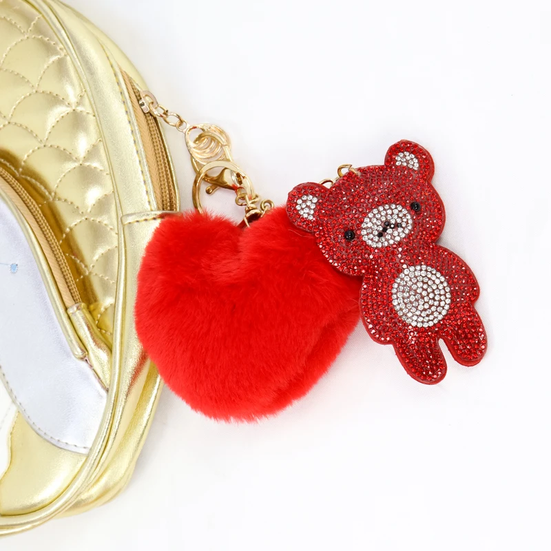 

Rhinestone flannel bear peach heart love plush ball keychain pendant lady bag purse accessories cute peach heart bear gift