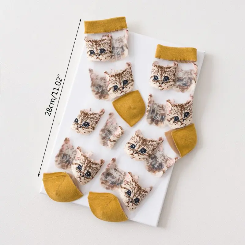 

Women Summer Ultra Thin Cute Ankle Socks Transparent Glass Fiber Splice Cartoon Meow Cat Print See Through Tube Hosiery
