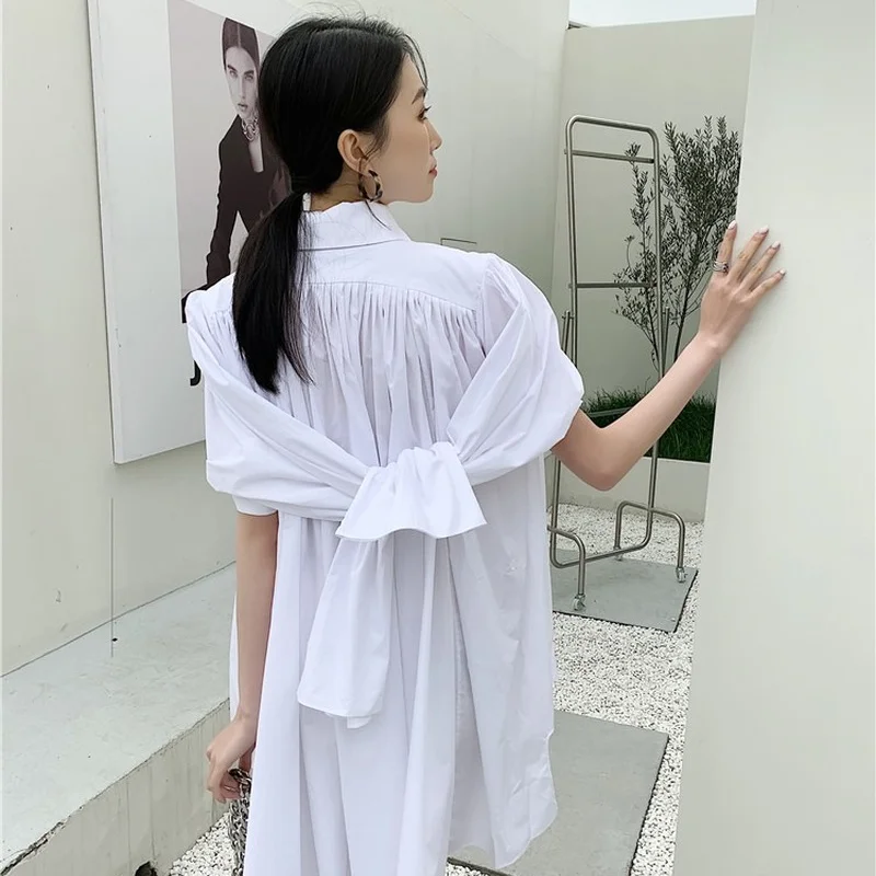 

Korejepo Women Blouse 2021 Summer Fake Two Pieces White Metal Button Turn-down Collar Puff Sleeve Long Shirt Female Solid Tops