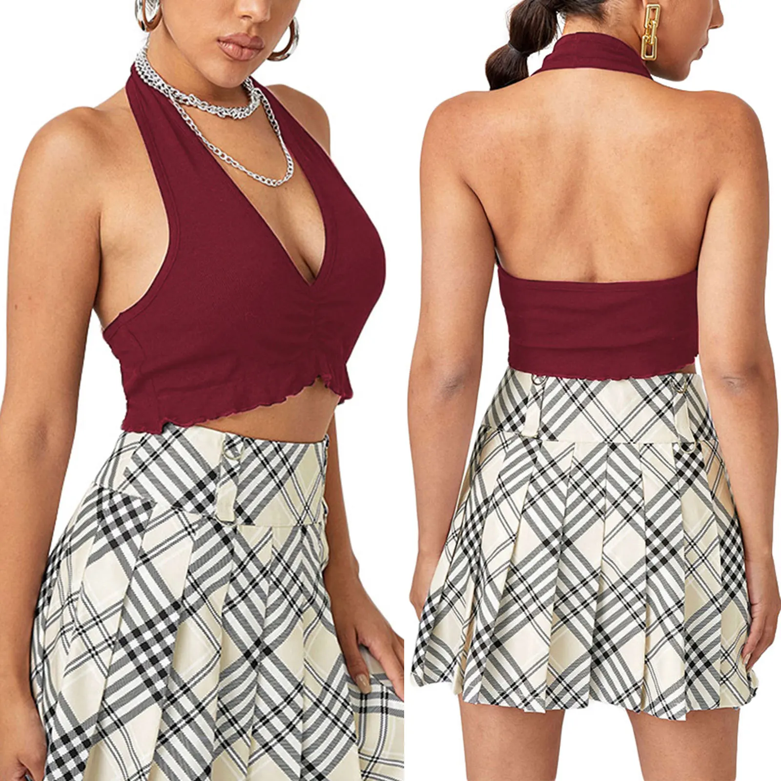

2020 New Women Sexy Halter V-neck Backless Tops Fashion Sleeveless Solid Color Crop Top for Ladies