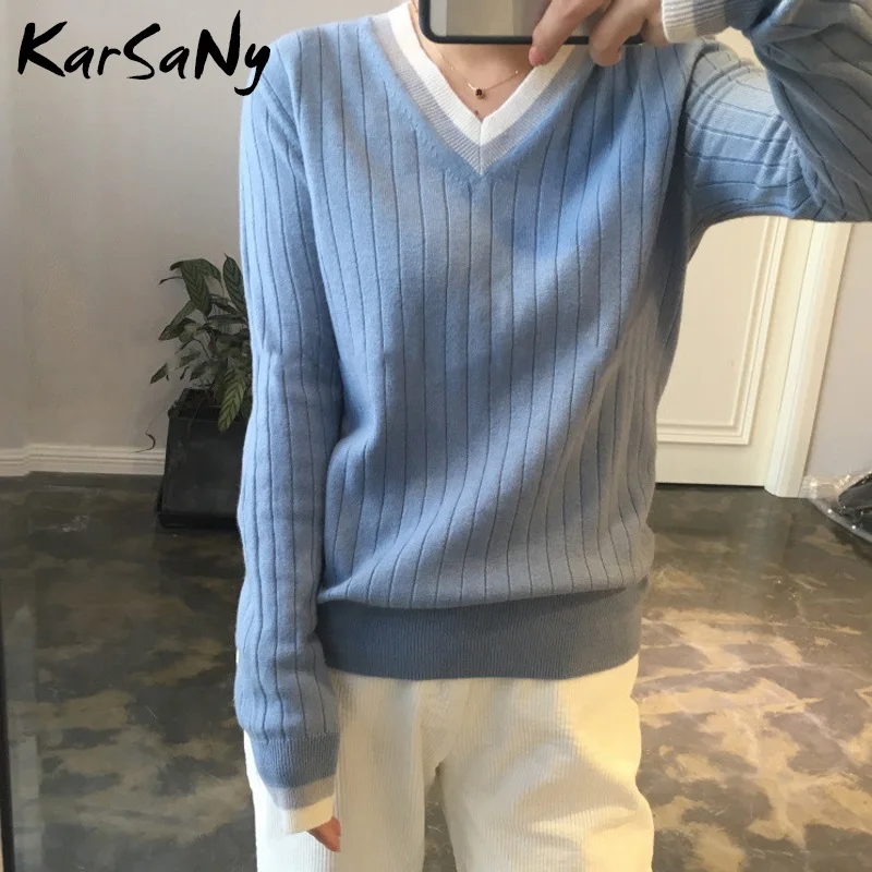 Autumn V-neck Cashmere Sweater Women Vintage Jumper Blue Knitted Striped Sweaters For White Pullover Winter Warm | Женская одежда