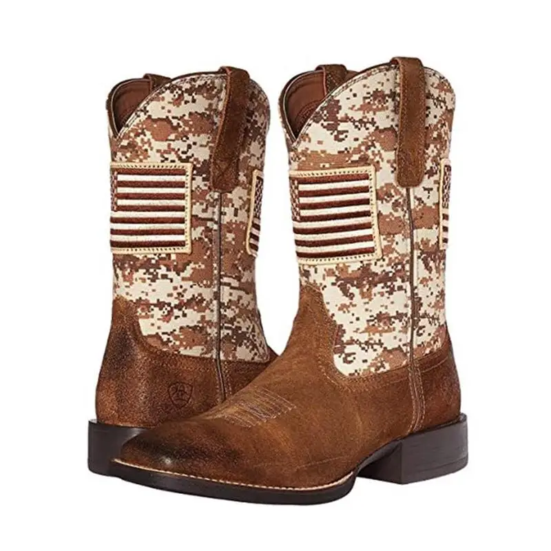

2021 New Men Shoes Fashion Trend Handmade Brown PU Stitching Camouflage Cloth Personality Western Cowboy Combat Boots 7KG427