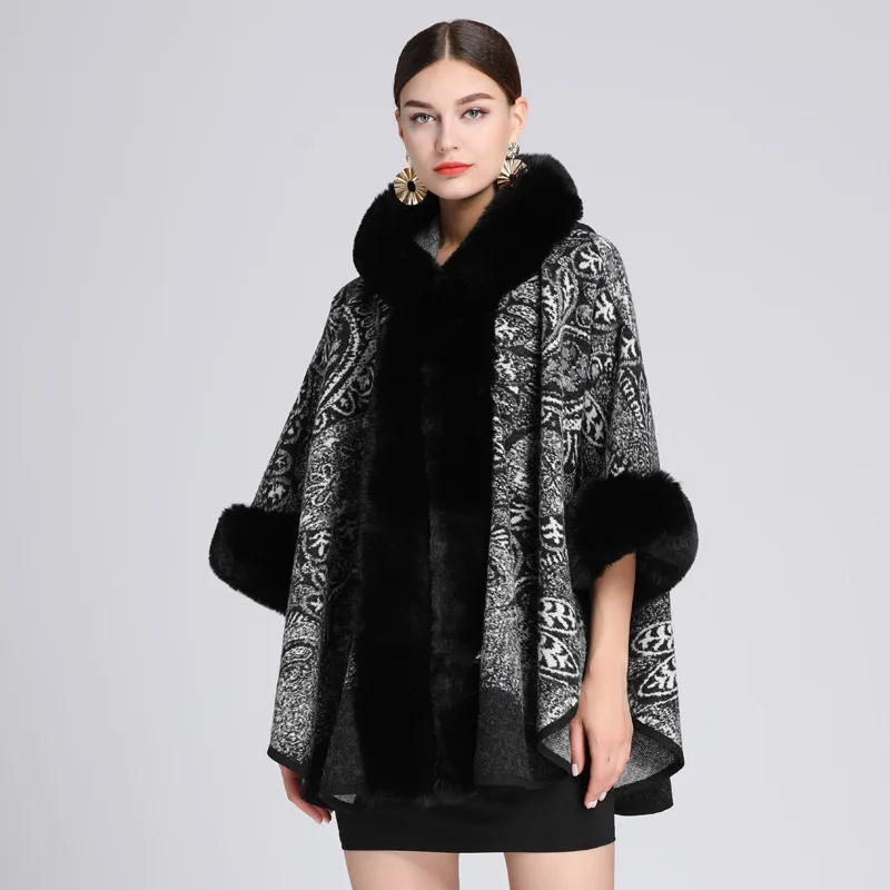6 Colors 2022 Khaki Long Faux Rabbit Fur Collar Hat Cloak Women Party Overcoat Winter Thick Cape Loose Printed Streetwear Coat images - 6