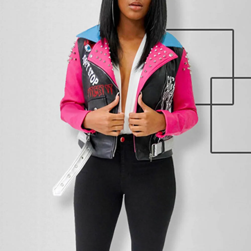 Куртка из искусственной кожи с заклепками Модная женская куртка отворотами на