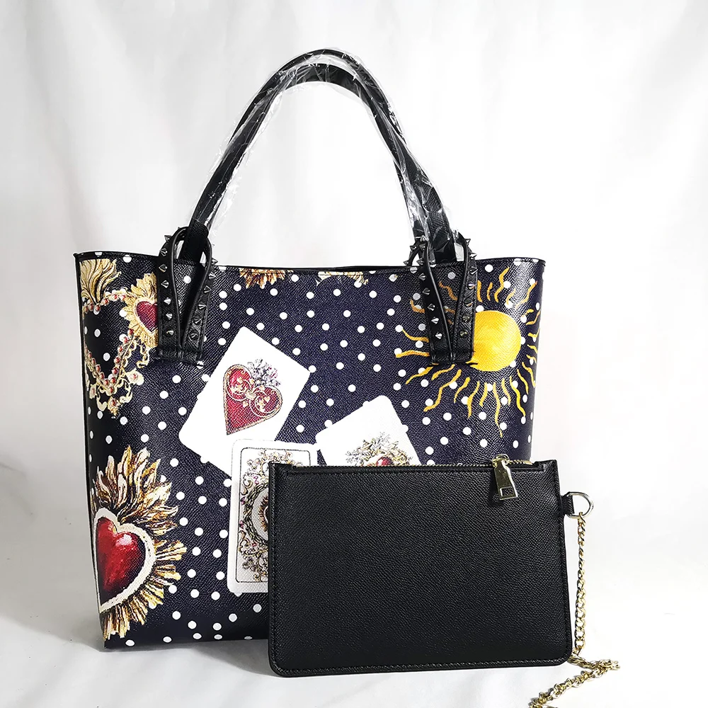 Fashion designer graffiti ladies handbag leather small luxury opening bag ladies evening bag large capacity 2019 poker cards