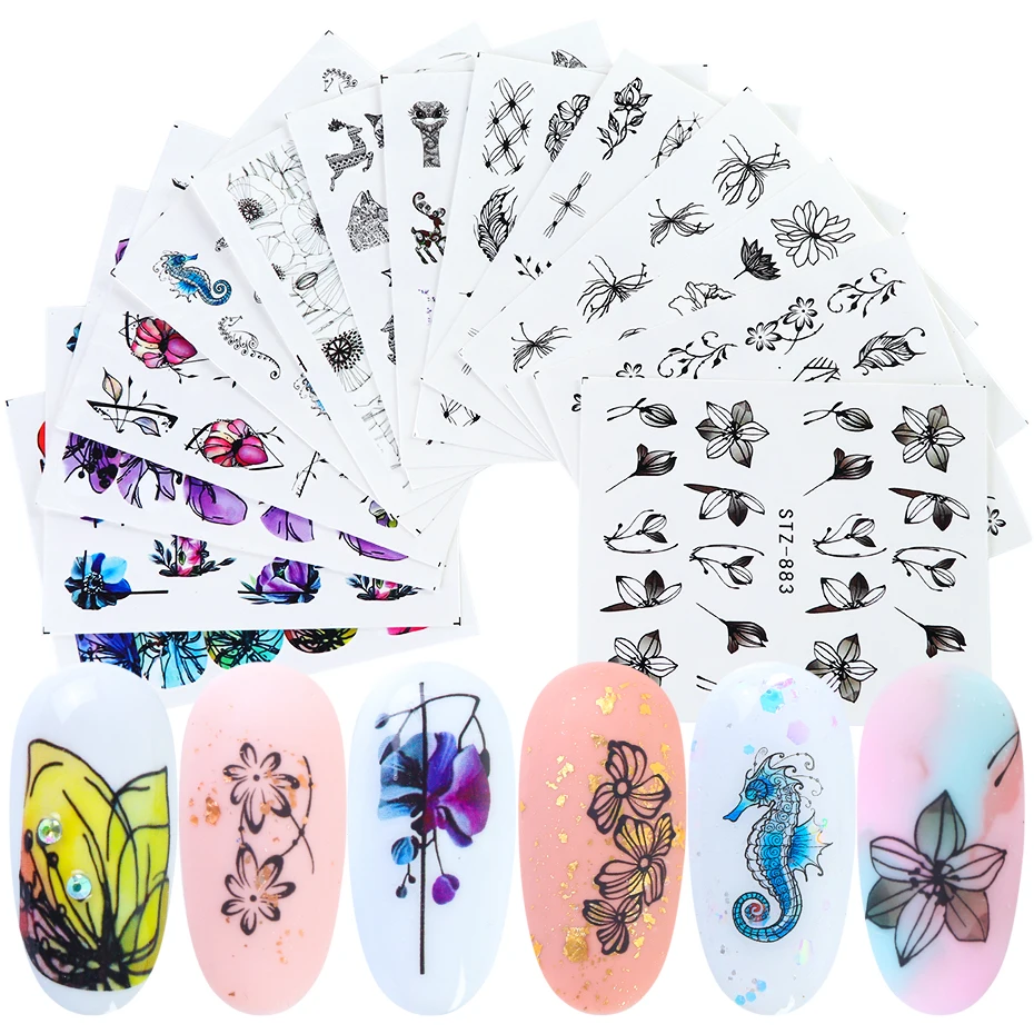 Смешанные цветы листья животные водные переводные наклейки для ногтевого