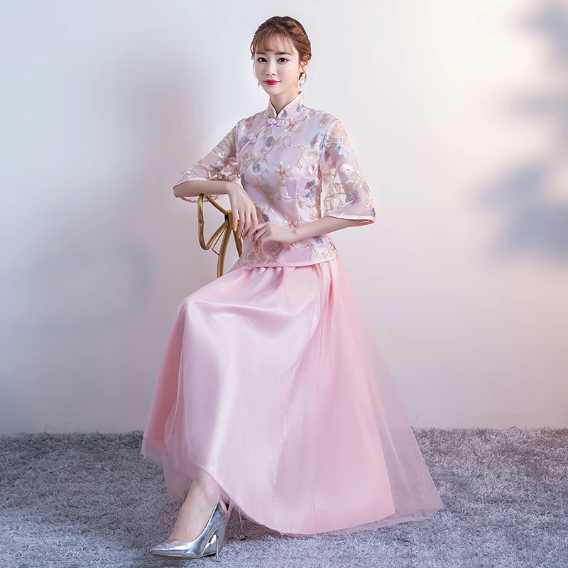 Набор Ципао из 2 предметов винтажное платье с вышивкой для вечеринки розовое
