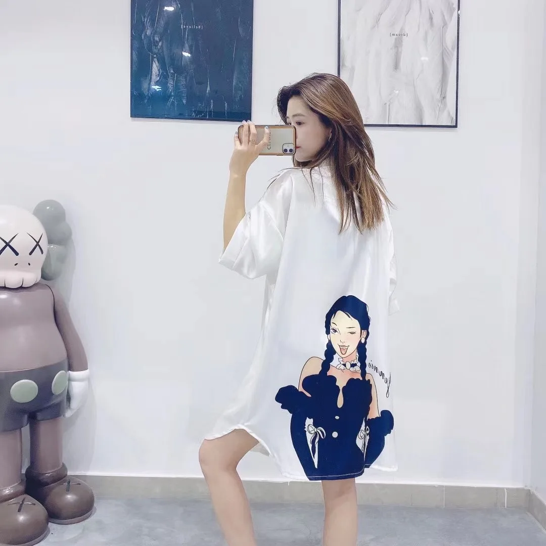 Spring Autumn Shirt Nightdress Women Print Cartoon Summer Ice Thin Nightgown & Sleepstirts Relaxed Lovely Home Dress Sleepwear