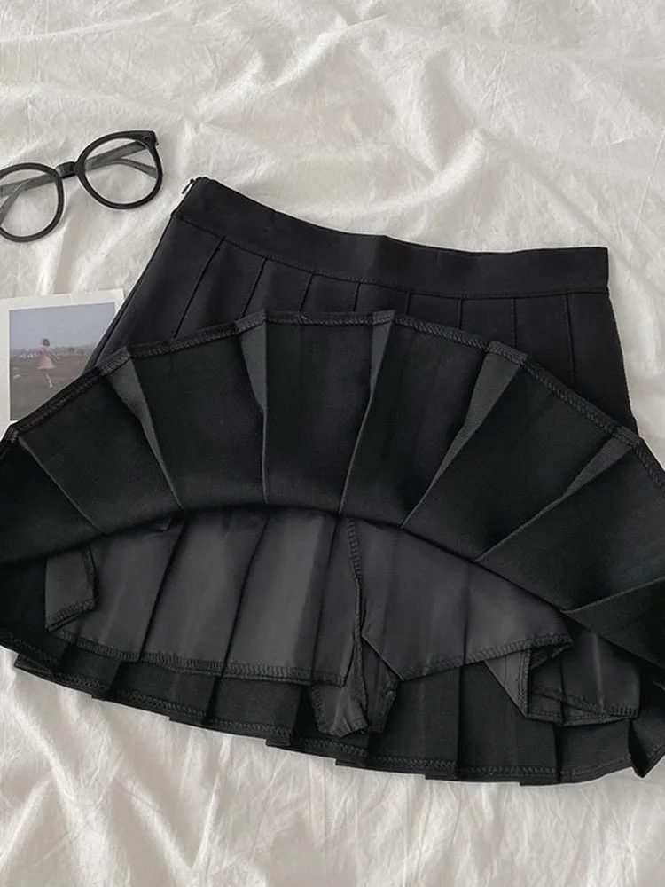 

Korean fashion women's solid color A-line high waist above knee skirt pleated mini skirt