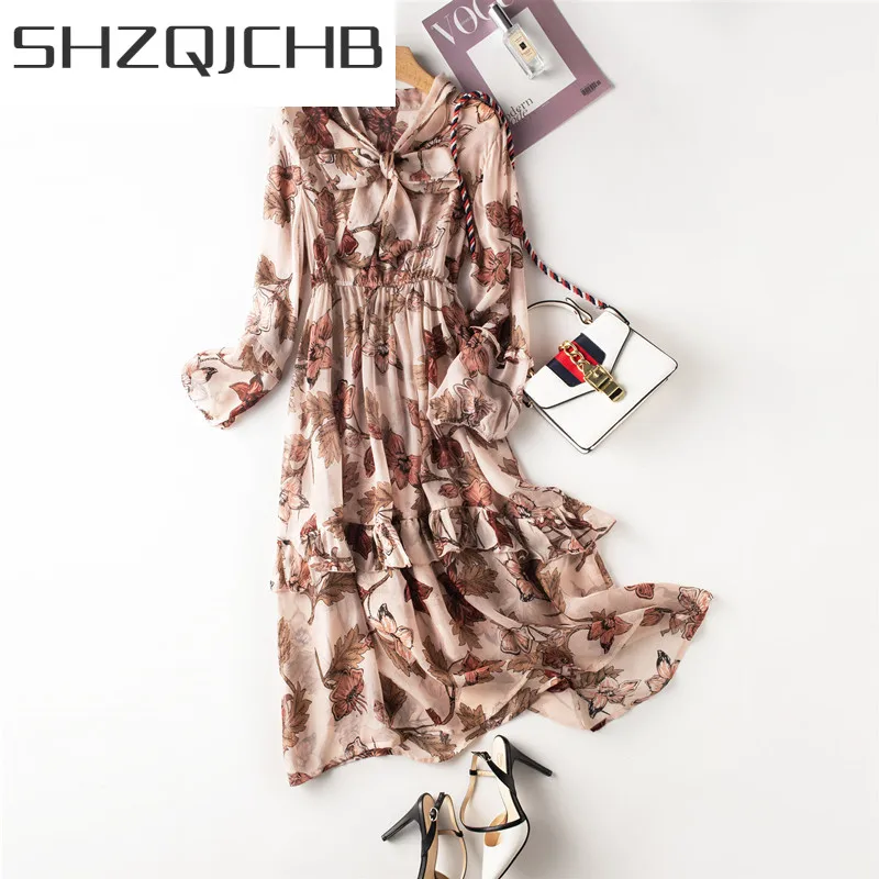 

Женское винтажное длинное платье SHZQ, летнее платье из натурального шелка, корейское элегантное платье с цветочным принтом, Пляжное вечерне...
