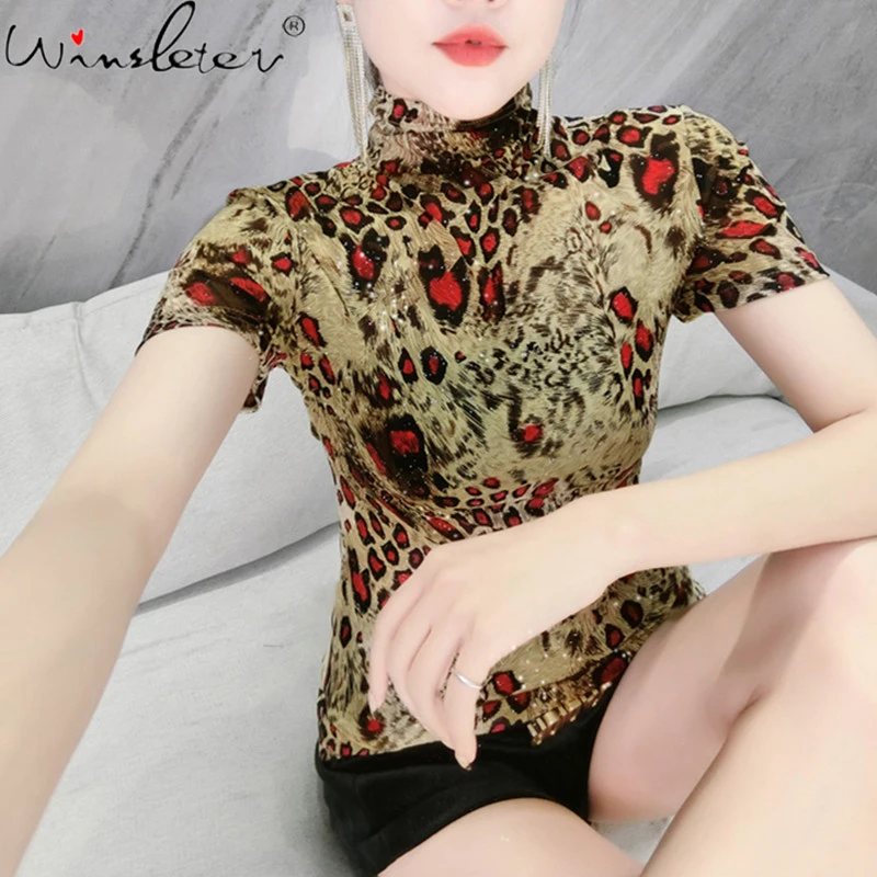 

Женская футболка с коротким рукавом, летняя, корейский стиль, сексуальная водолазка, принт с блестящими стразами, повседневная, T13130A