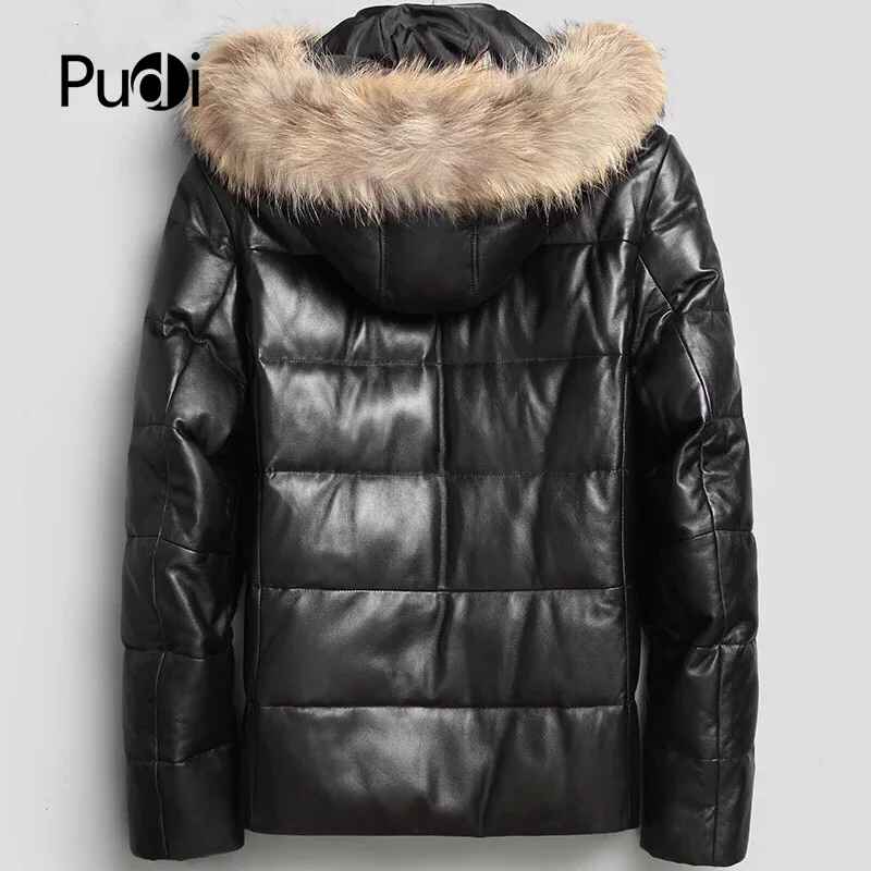 PUDI MT820 мужские новые модные куртки из овечьей кожи пуховые куртки с воротником из меха енота Осень Зима Повседневная Верхняя одежда