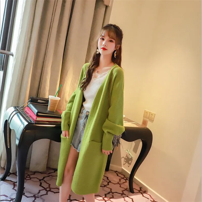 2019 авокадо зеленый женский свитер-кардиган с длинными коленями сплошной длинный