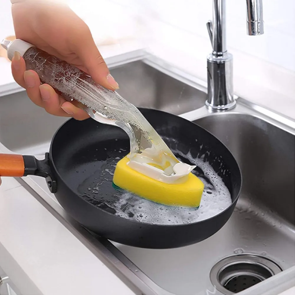 Cepillo de esponja mágica con mango, cepillo desmontable para lavar platos, cabezal de limpieza, esponja de fregado para fregadero de cocina