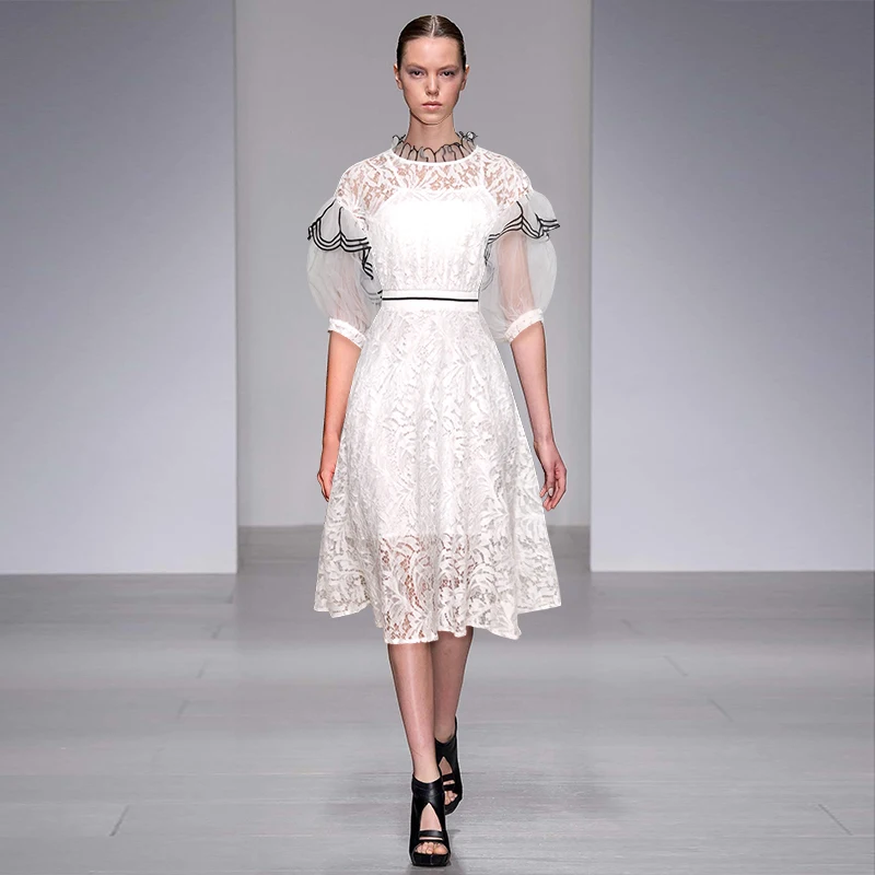 Elegant Runway Designer White Black New Spring Summer Dress Women Fashion Lace Mesh High Street Clothes Patchwork Dresses Female | Женская