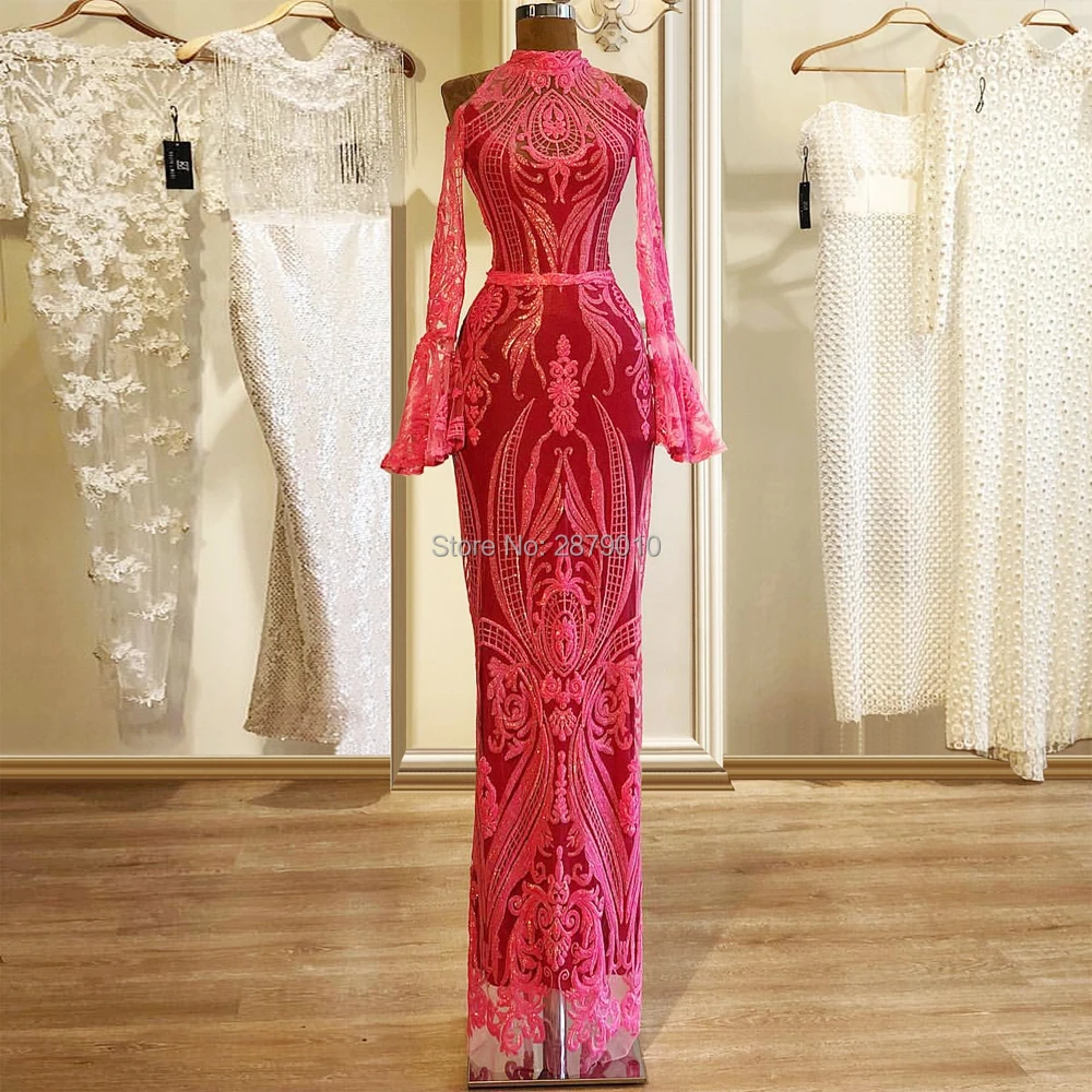 

Великолепное 2019 розовое перспективное длинное кружевное вечернее платье из тюля с высоким воротом, платье-футляр/колонна с поясом и длинны...