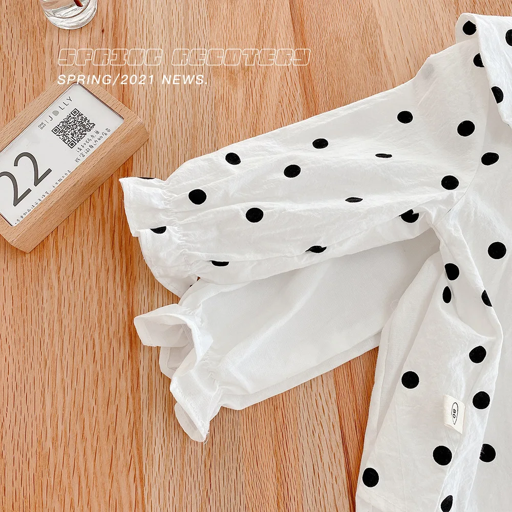 

Korean Girls Blouses Girls Autumn Spring Long Sleeve Turn-down Collar Lace Dot Ruffles Cute Chiffon Blouse Shirt School Uniform