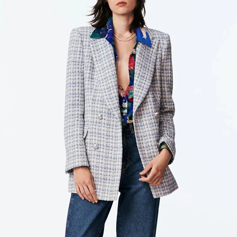 

Женский твидовый Блейзер WXWT Za, двубортный пиджак с английским воротником и длинным рукавом, верхняя одежда, BB4124, Повседневный, 2021