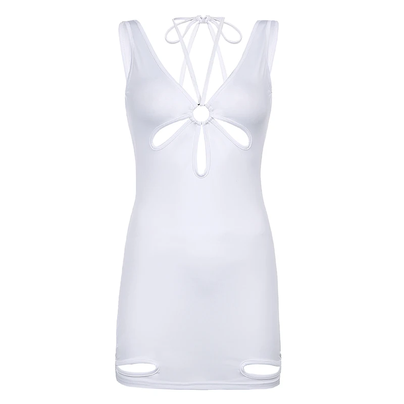 

Rockmore Sexy Hollow Out Mini Dresses Bodycon Dress Women Y2K Backless Drawstring Short Dress Sleeveless Party Club Summer 2021