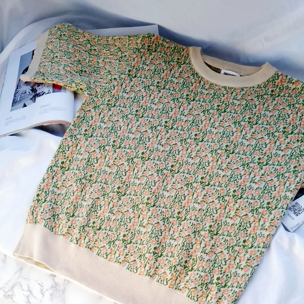 Винтажный Boho Цветочный вязаный Свободный корейский японский женский милый Тройник Футболка Весна Осень футболка каваи мода трикотаж Лето