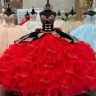 Очаровательные красные и черные платья Charro Quinceanera 2021 Пышное милое бальное платье с вышивкой на шнуровке милое платье 15 тяжелых производителей