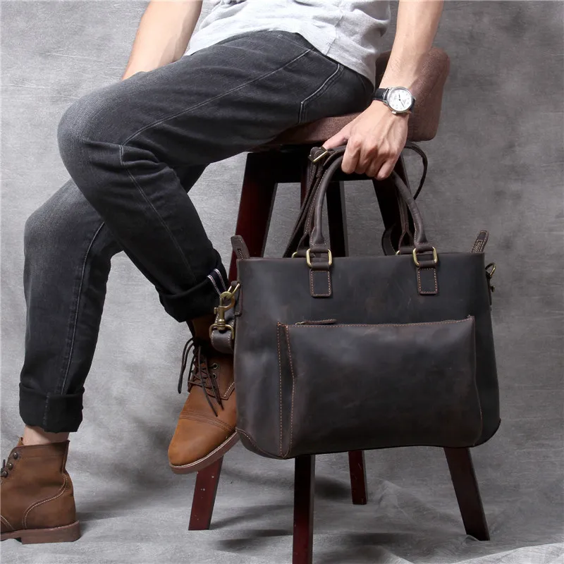 Vintage simple men's genuine leather briefcase classic first layer leather handbag black coffee casual shoulder messenger bag