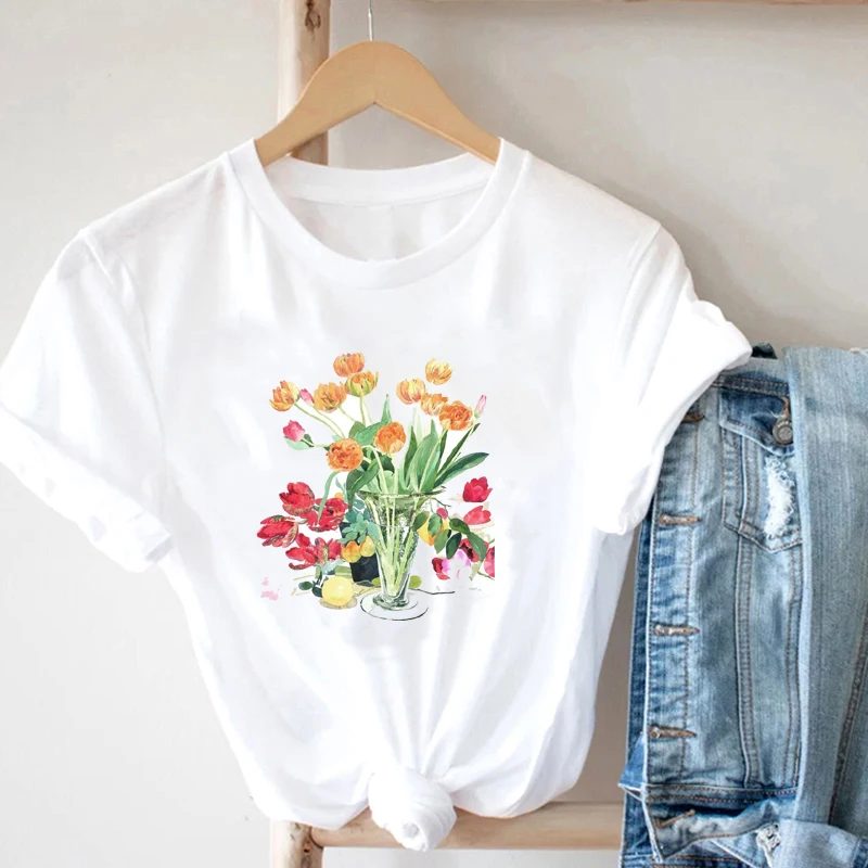 

Grunge New Korean Woman T-Shirts Cottagecore Kpop Cotton Printing T-Shirts Oil Painting Flower Graphic Short Sleeve Round Neck