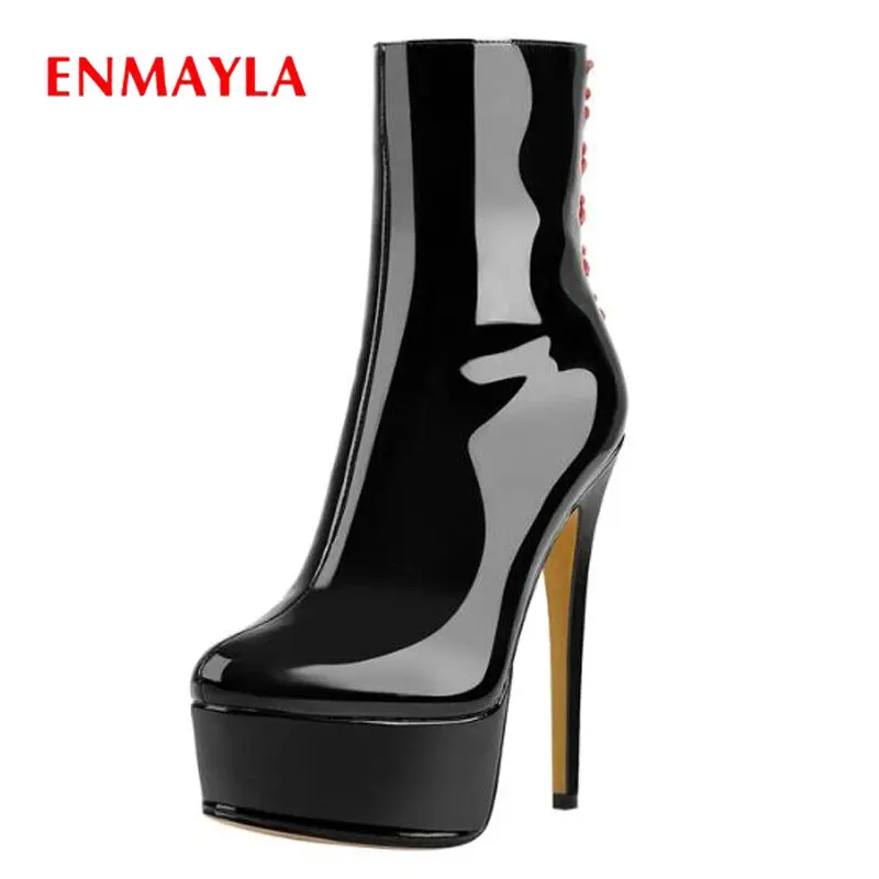 

Женские ботильоны без шнуровки ENMAYLA, базовые элегантные лакированные кожаные ботинки с круглым носком на тонком каблуке, модная привлекате...