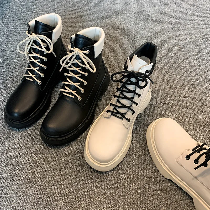 

Asumer 2020 new arrive flat platform shoes women genuine leather ankle boots mixed colors lace up punk casual shoes ladies
