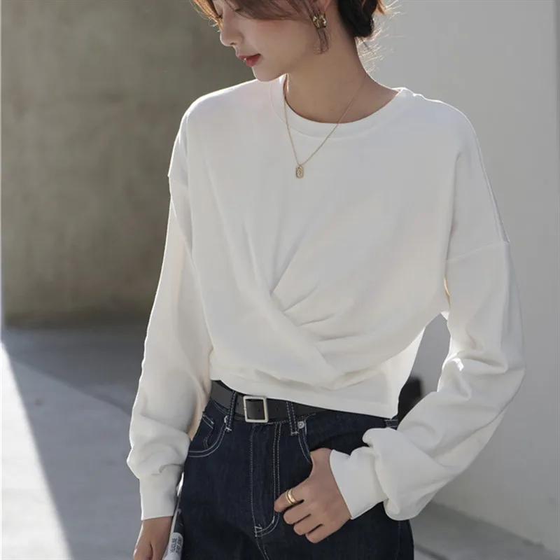 

POUNGDUDU 2021 Spring Women's Sweatshirt Short Tops Female Concise Solid Creasing Pullover Leak Shoulder O-Neck Soft Office Lady