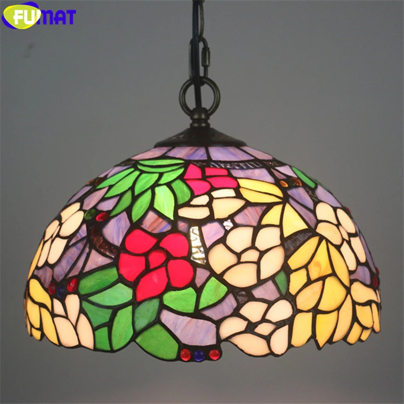 

FUMAT Tiffany Pendant Lamp Yellow Red Rose Blue Orchid Flower Stained Glass Gemstone Lampshade Light Handicraft Home Decor Lamps