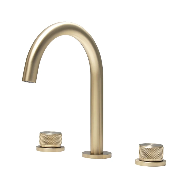 

Высококачественный роскошный латунный матовый золотой смеситель для ванной комнаты, смеситель для раковины с 3 отверстиями и 2 ручками, мод...