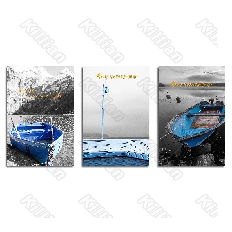 

Modern Style Blue wooden boat Frameles Poster Home Residential Bedroom Decoration Living Room Canvas Painting Hd Print Fresco