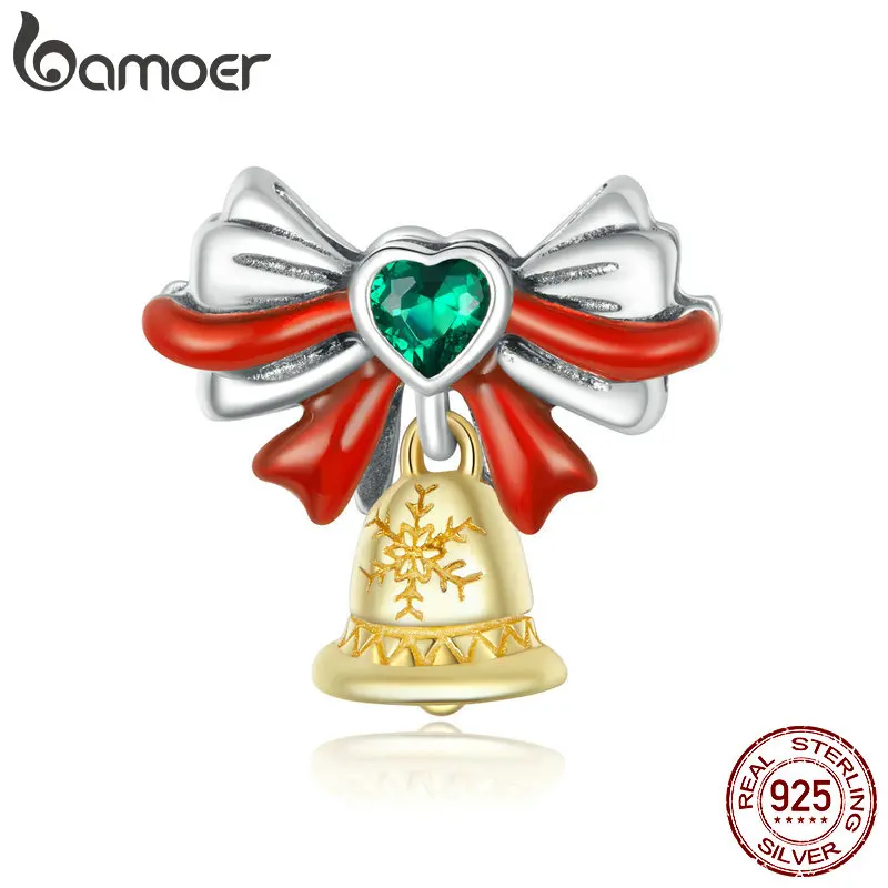 Bamoer 925 пробы серебро с рождеством колокольчик металлический шарм подходит для