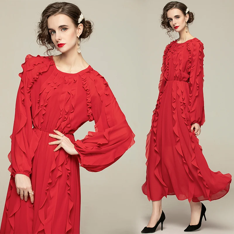 

Bohemian Style Fashion Runway Designer Spring Long Chiffon Dress Elegant Ruffle Patchwork Evening Party Robe Femme Red Vestidos