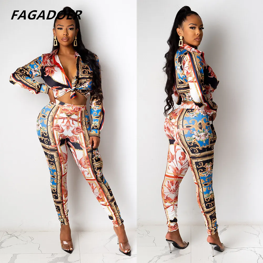 

Fagadoer Elegant Office Lady Set Fall Clothes For Women Vintage Prints Long Sleeve Shirt And Skinny Pants 2 Piece Streetwear