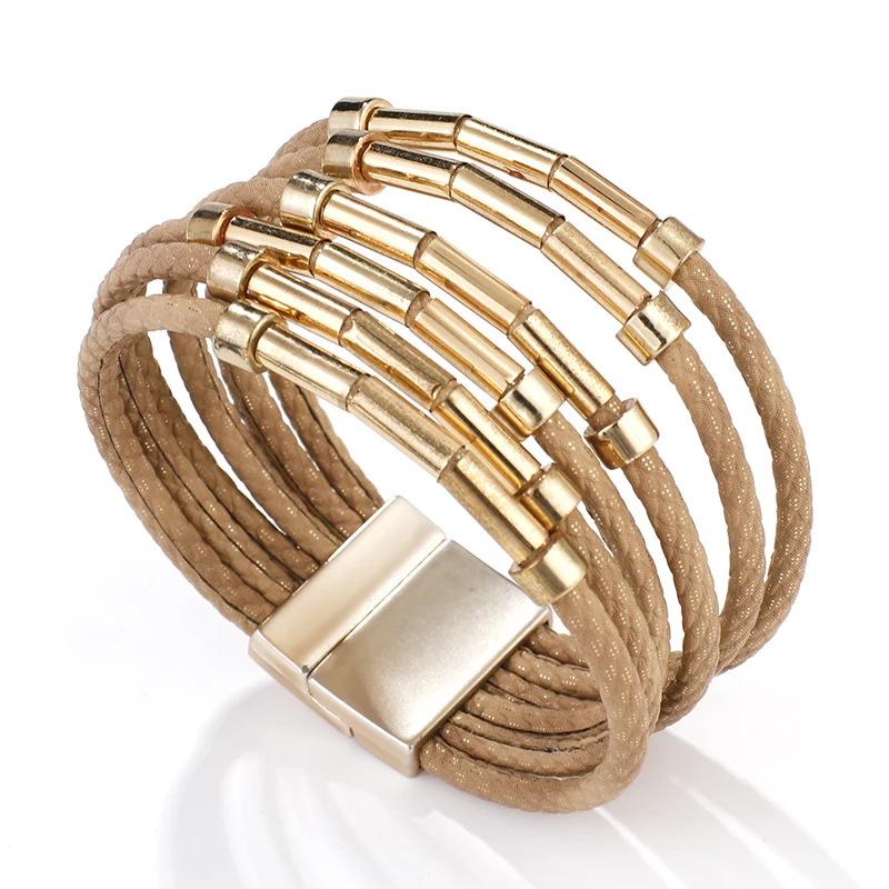 Amorcome Многослойные кожаный корпус браслет для Для женщин унисекс ювелирные