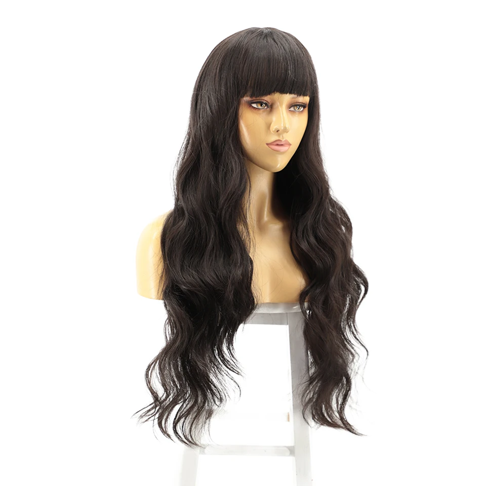 

FORCUTEU Black Color Long Water Wave Synthetic Wig With Bangs Body Wave Wigs for Women Nature Wig Heat Resistant