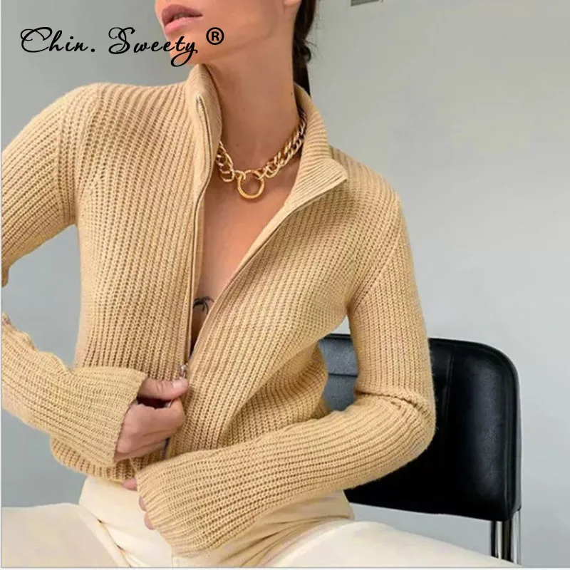 

Кардиган женский трикотажный, однотонный, на молнии, с длинным рукавом и воротником-стойкой, осень 2021