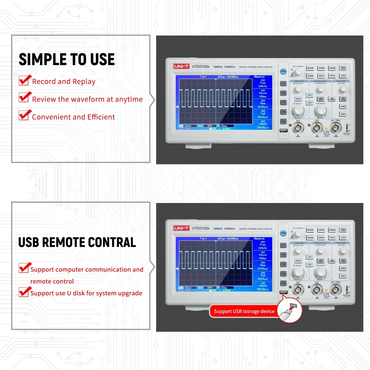 Цифровой осциллограф UNI-T UTD2102E портативный USB-осциллограф с полосой 100 МГц