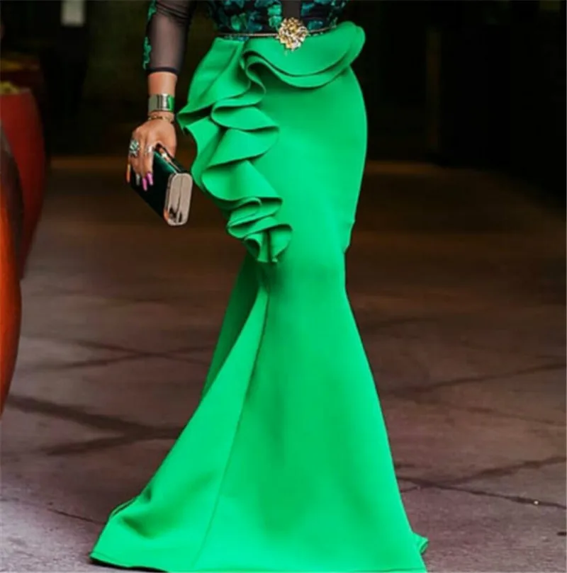 Женская вечерняя юбка макси с оборками зеленая длинная высокой талией и молнией