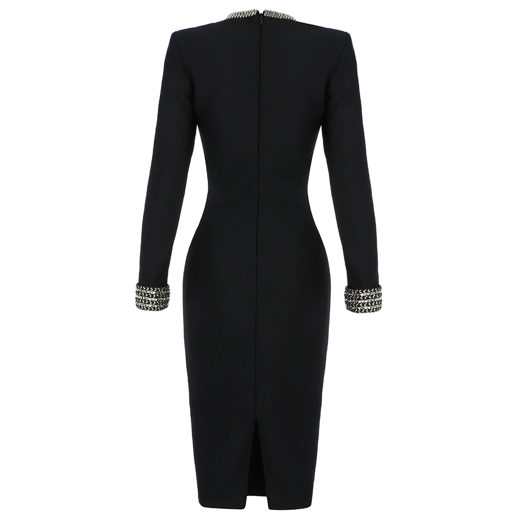 

BEAUKEY 2021 New High Quality Hollow Mesh Bodycon Celebrity Bandage Women's Dress O Neck Beaded Party Dresses Bodycon