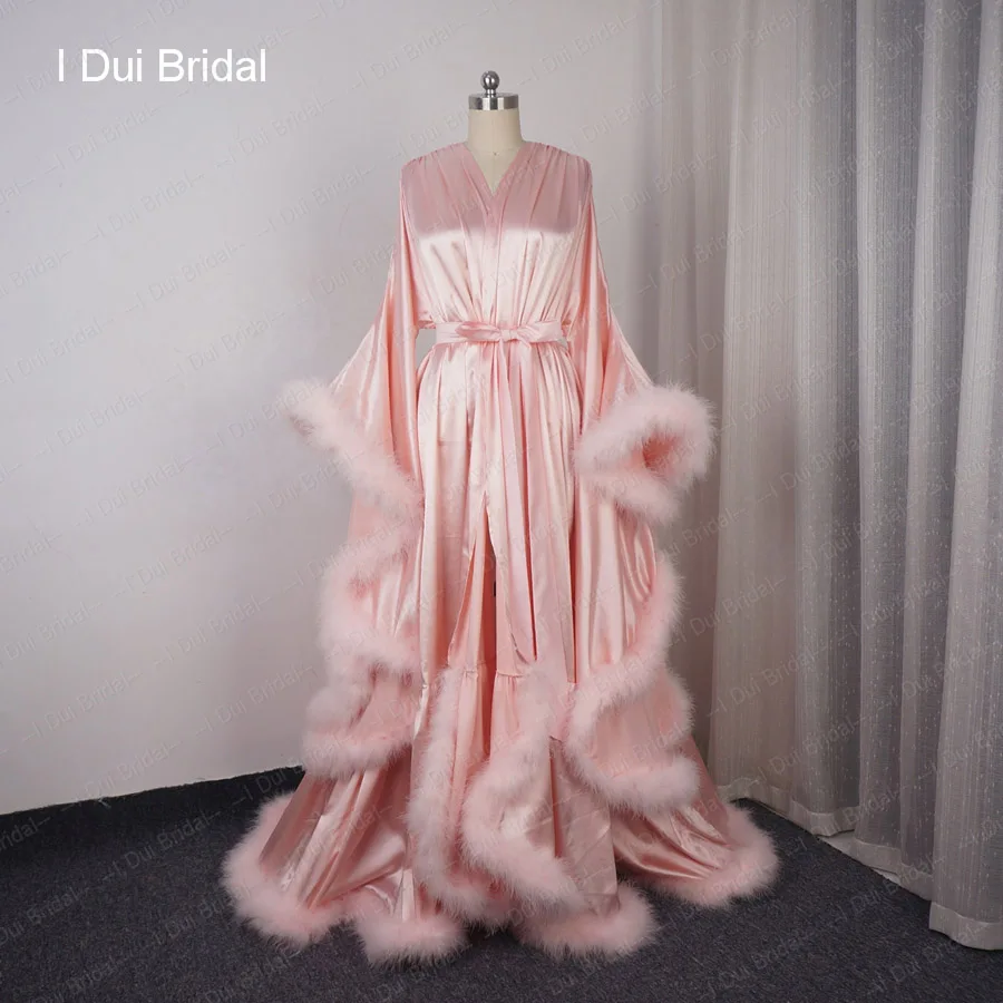 Blush pink Атласный халат с перьями длинный рукав длинный ночной халат маскарадное платье для танцев платье для выпускного вечера - Цвет: Blush pink