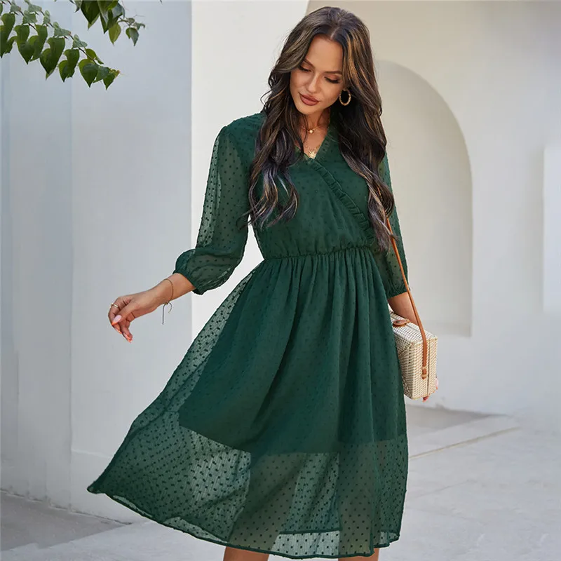 

Spring New Chiffon Dress Women Casual Solid Color V Neck Three Quarter Sleeve High Waist Dress for Women 2021 Summer Dress