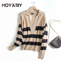 moyatiiy women 2021 fashion striped pattern knitted sweater vintage oversize pullover sweaters v neck collar female tops