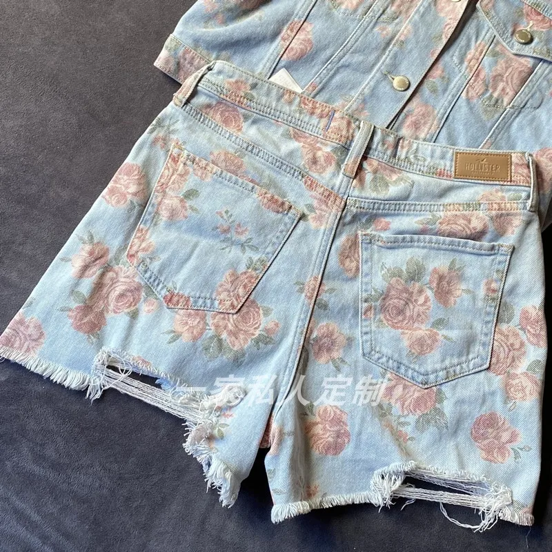 

Rose retro high waist elastic hole made old shorts rose denim shorts pantalones vaqueros mujer women jeans denim jeans