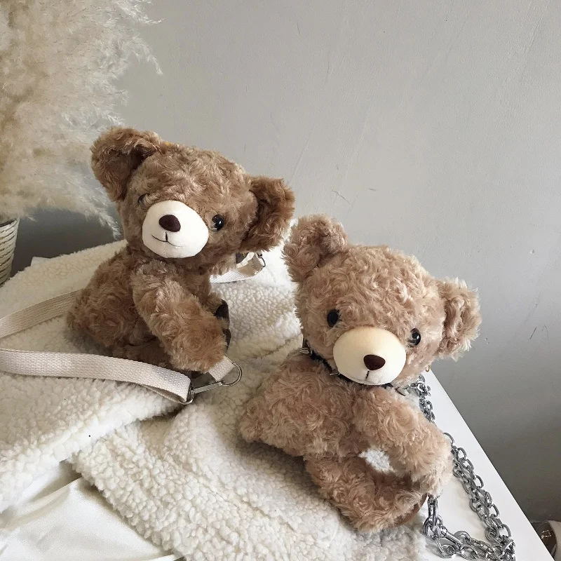 Girls Bouncing Doll Bag Teddy Bear Plush Messenger Bags Children Cartoon Bear Doll Chain Single Shoulder Bag Cloth Chain Strap